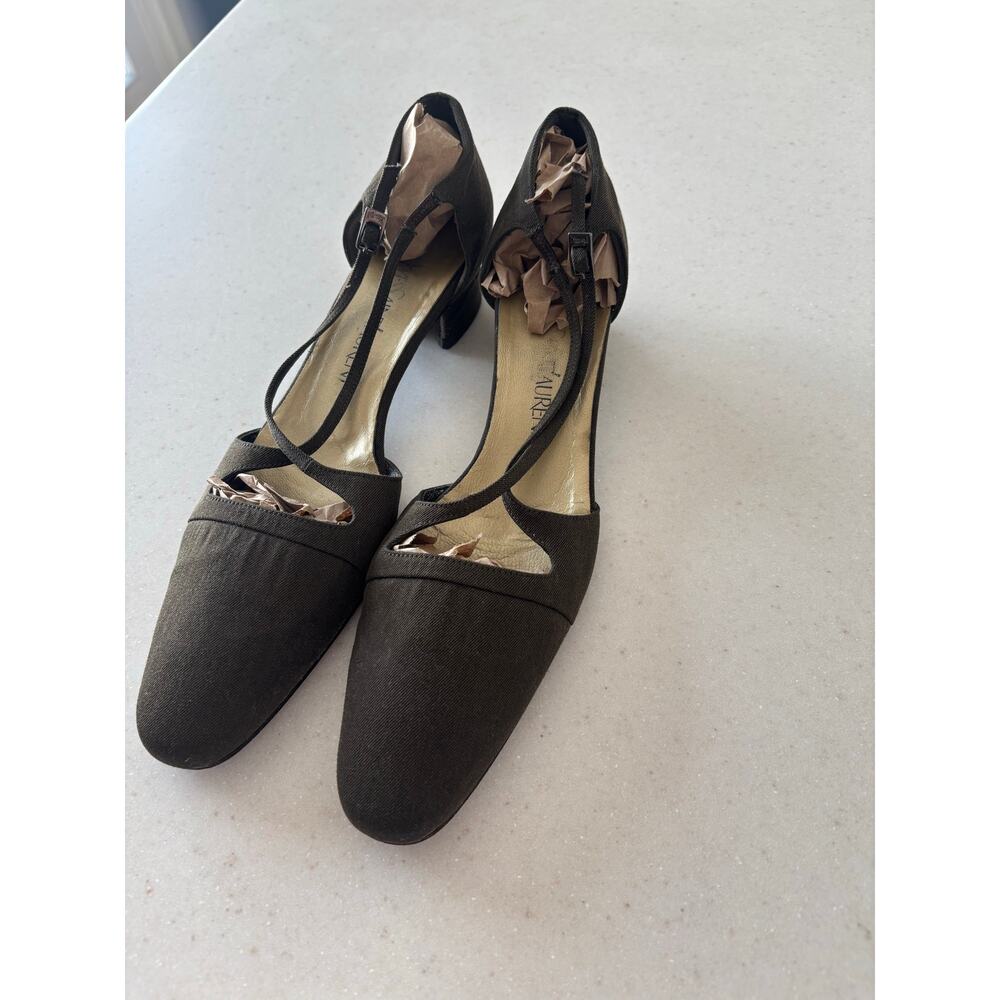Vintage Yves Saint Laurent YSL Italy Canvas Peep Toe Slingback Heels Brown - Picture 2 of 9